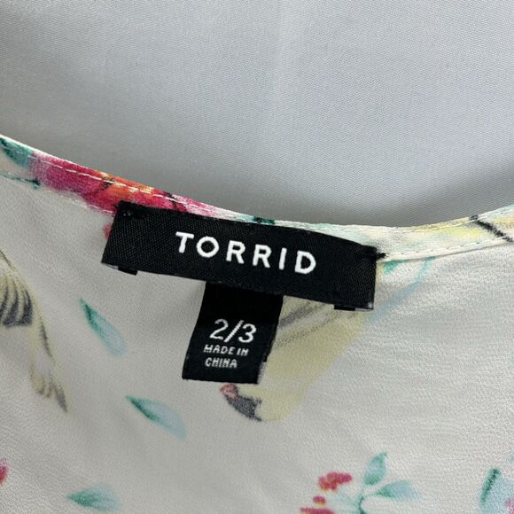 TORRID Plus Size 2X 3X Cardigan Top Ivory Pink Green Floral Birds Short Sleeve - Picture 5 of 8